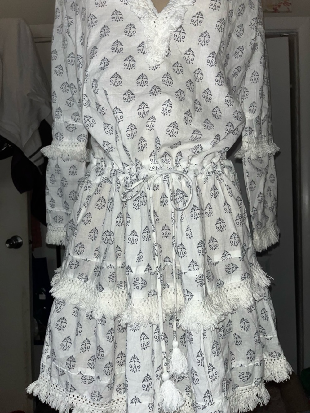 Melissa Odabash White Printed Tassel Tiered Dress Medium, Brand New
